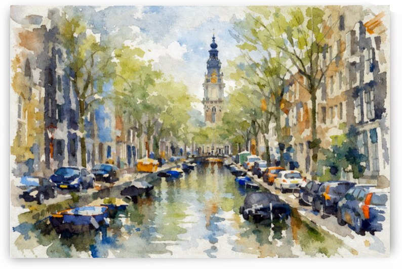 Amsterdam Canal with Historic Tower Watercolor Cityscape by Marian Voicu