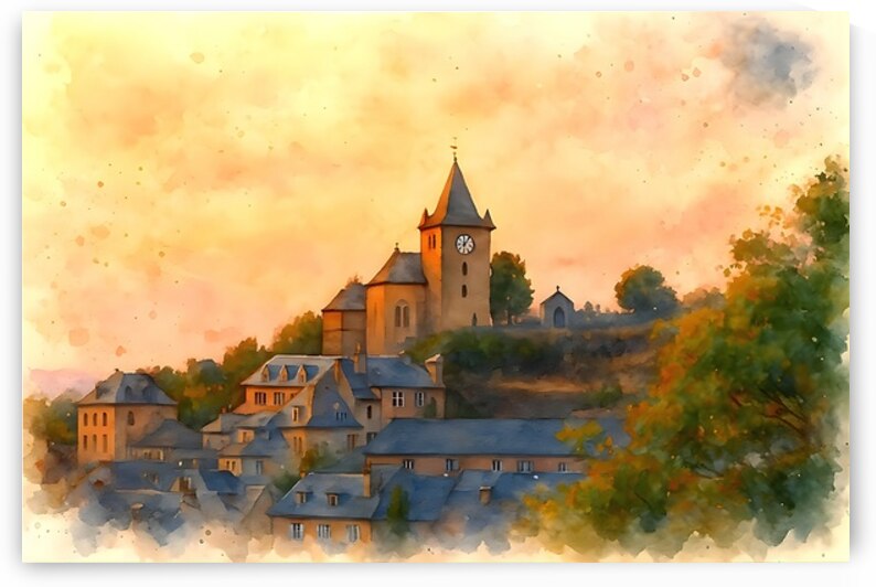 laguiole village golden hour aubrac watercolor la by M ALK