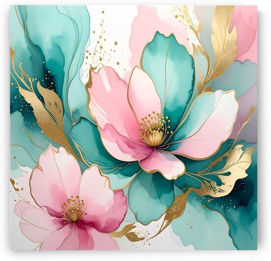 Watercolor Bloom Abstract: Pastel Teal and Pink with Gold by ALIXORCA19