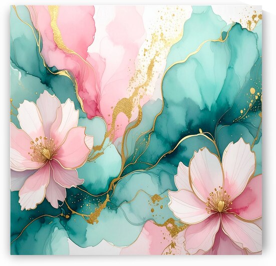 Watercolor Bloom Abstract: Pastel Teal and Pink with Gold by ALIXORCA19