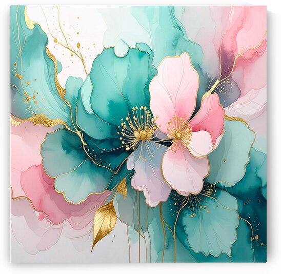 Watercolor Bloom Abstract: Pastel Teal and Pink with Gold by ALIXORCA19