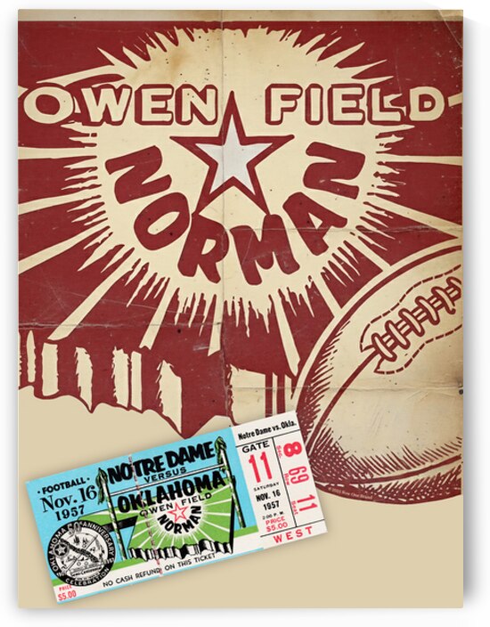 1957 Owen Field Oklahoma Football Ticket Art by Row One Brand