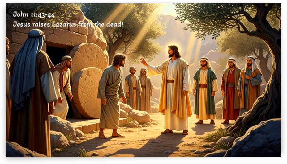Jesus raises Lazarus from the dead. John 11:43-44 by DR Mustain by DR Mustain