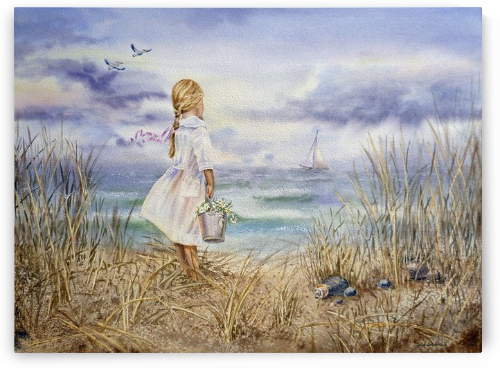 Girl Standing At The Ocean Watching Sailboat and Birds by Irina Sztukowski