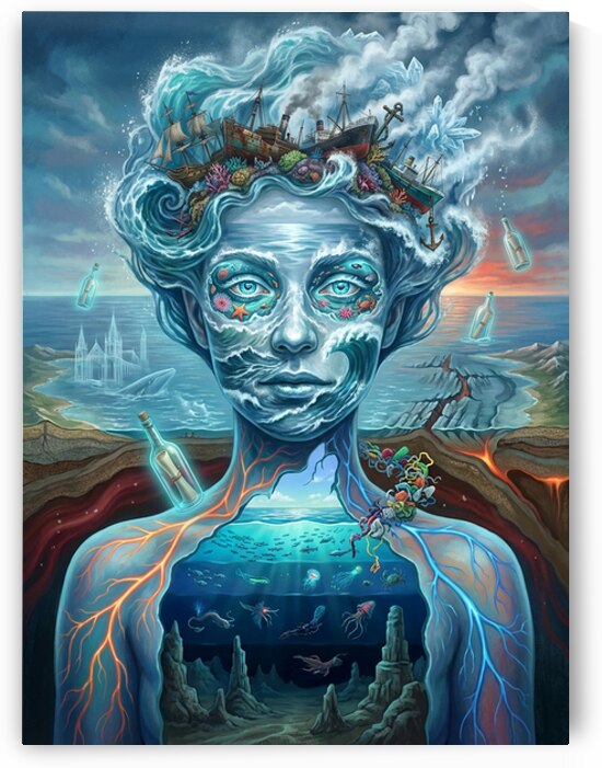 Ocean Conservation Surreal Portrait: Woman Merged with Ocean Sh by Maxi Art