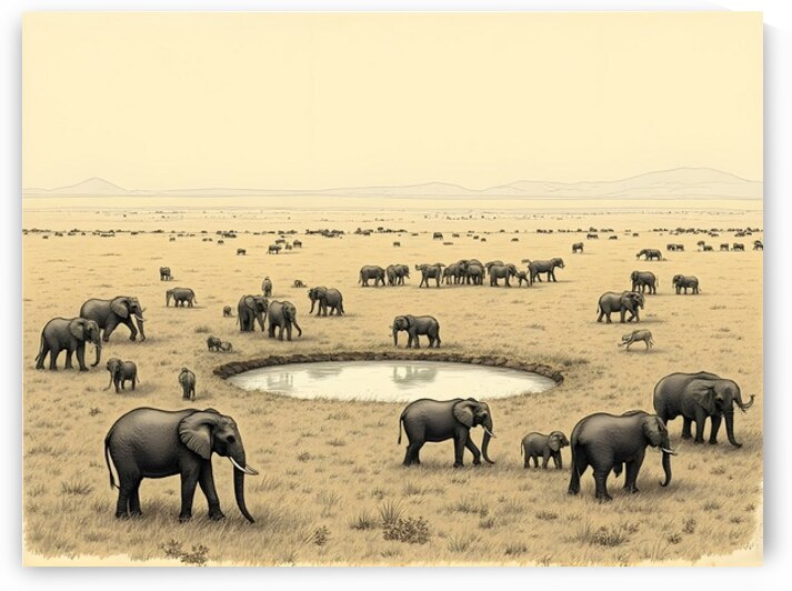 Sepia Wildlife Drawing – Elephants at Savannah Watering Hole by AME