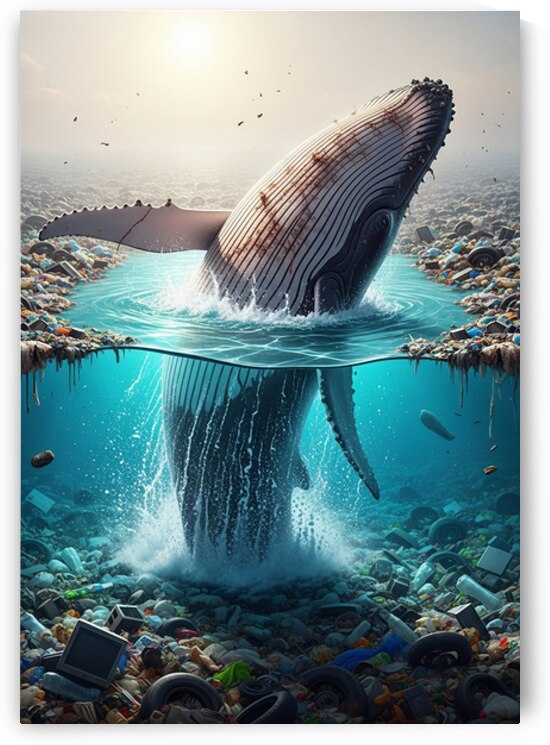 Whale Pollution: Giant Whale Breaching Amidst Ocean Plastic and  by Maxi Art