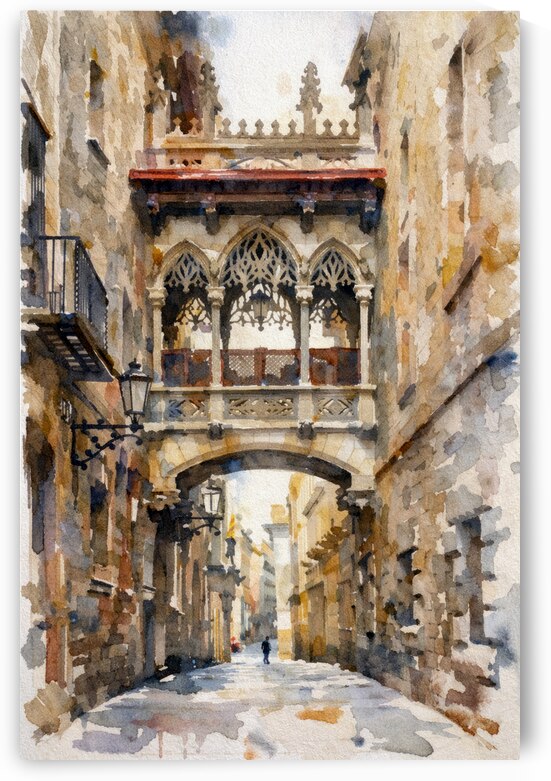 Watercolor Scene of Carrer del Bisbe with Gothic Bridge in Barcelona by Marian Voicu
