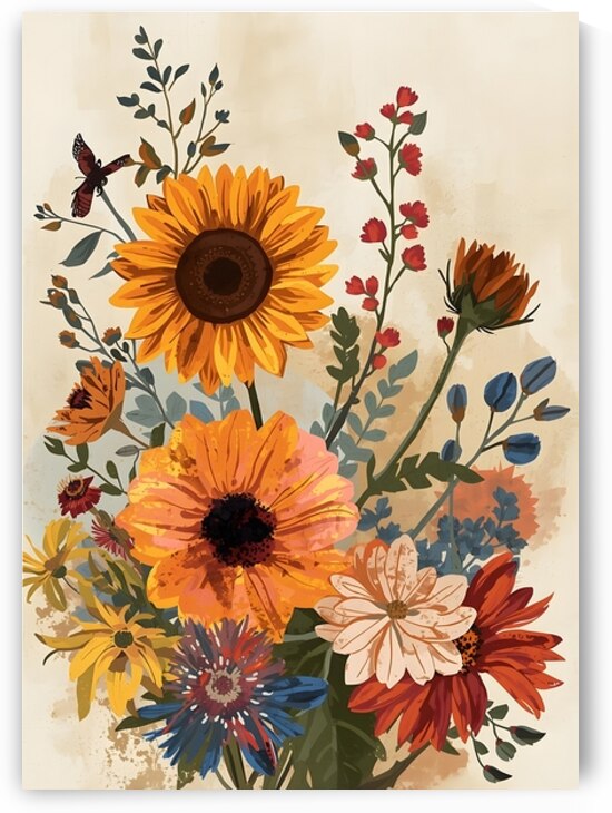 Vintage Floral Bouquet Art with Sunflowers and Autumn Blooms by Wall art designer67