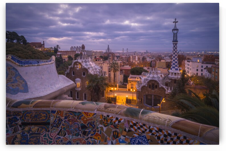 Sunrise glow over Park Guell a masterpiece in Barcelona Catalo by photocluster