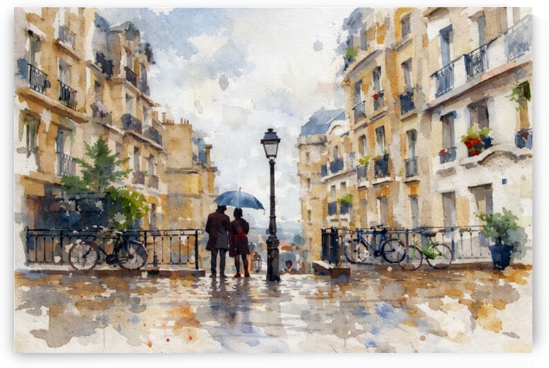 Watercolor of Rainy Afternoon in Montmartre Paris by Marian Voicu