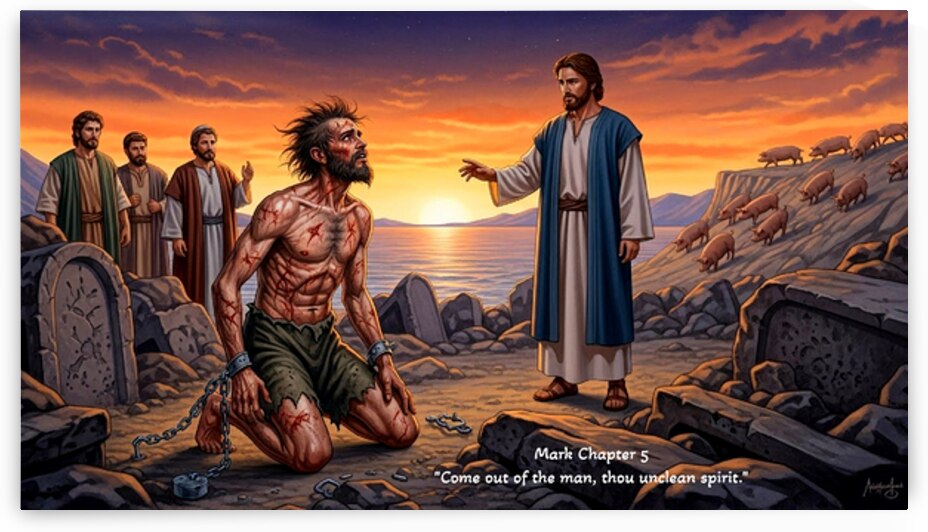 Come out of the man thou unclean spirit. The Demoniac of Gadara Mark 5 by DR Mustain by DR Mustain