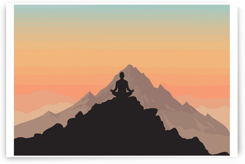 Silhouette of person meditating on mountain peak at sunset by Nora studio