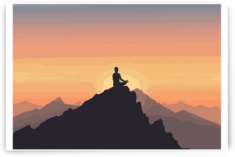 Silhouette of person meditating on mountain peak during sunset by Nora studio