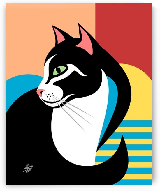 Colorful Modern Cat Illustration With Bold Black White Shapes And Vibrant Backdrop by Liz Cereby