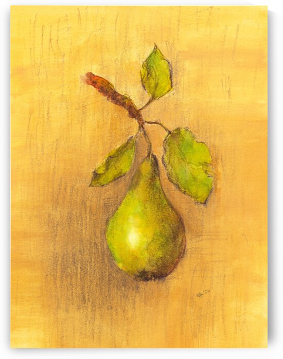 Green pear with leaves watercolor painting by Karen Kaspar