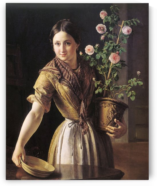 A girl with a pot of roses by Vasily Tropinin