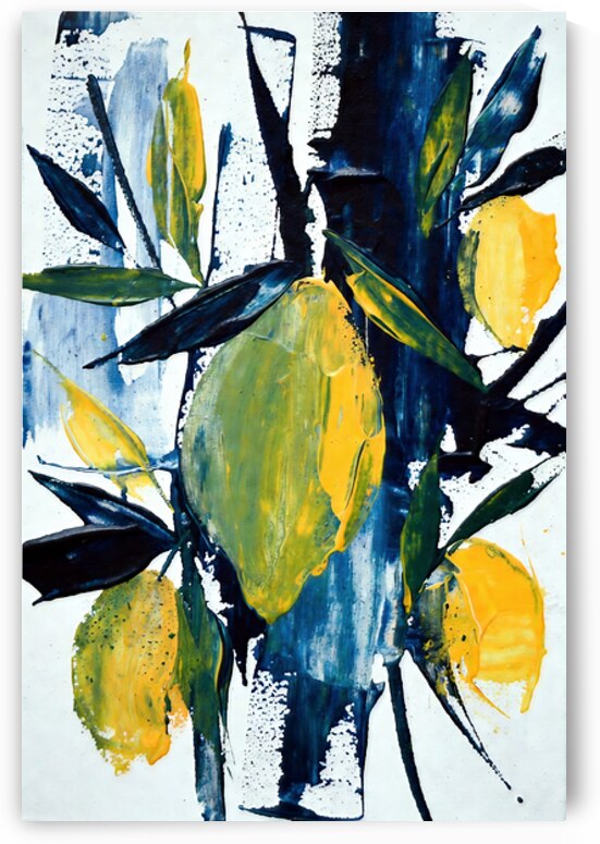Abstract Lemon Harvest and Indigo Botanical Blue - Yellow Modern Fruit Art by Chris Butler