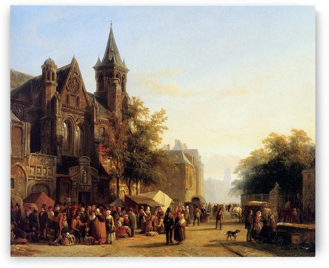 City view with figures by Cornelis Springer