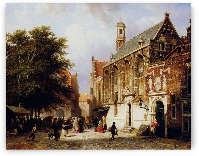 Street view with church by Cornelis Springer