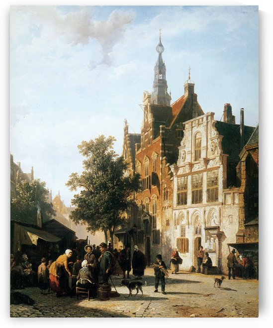 Market view with cityhall Woerden by Cornelis Springer