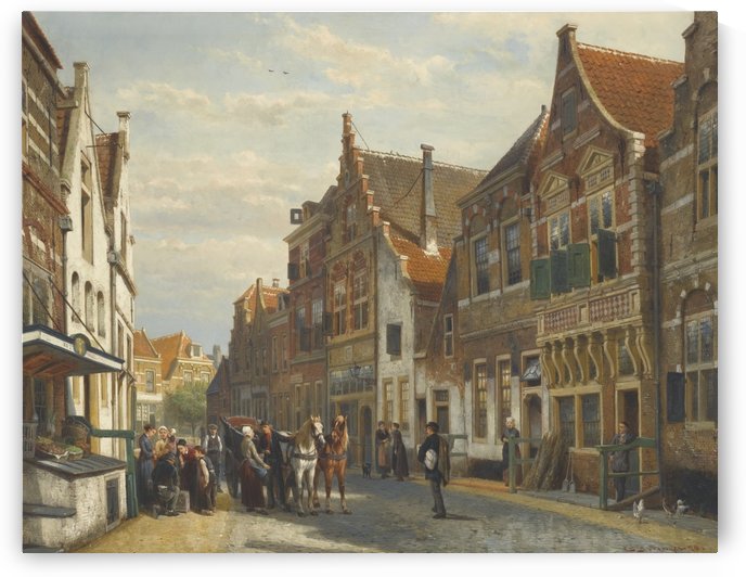 City street with figures by Cornelis Springer