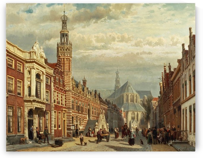 View of the town hall and St Lawrence Church in Alkmaar by Cornelis Springer