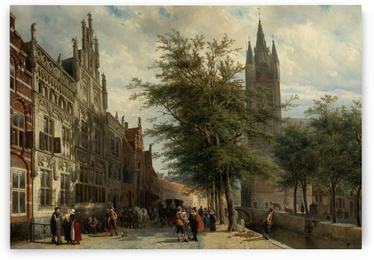 The Gemeenlandshuis and the Old Church, Delft, Summer by Cornelis Springer