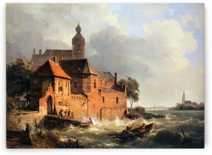 Men in boat at Choppy Sea Sun by Cornelis Springer