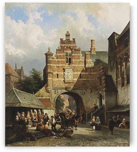 A fishmarket in a Dutch town by Cornelis Springer