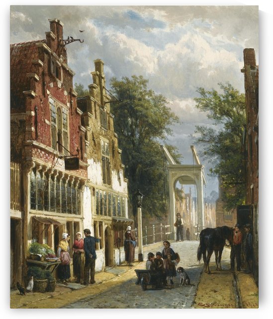 Figures in a street in Alkmaar by Cornelis Springer