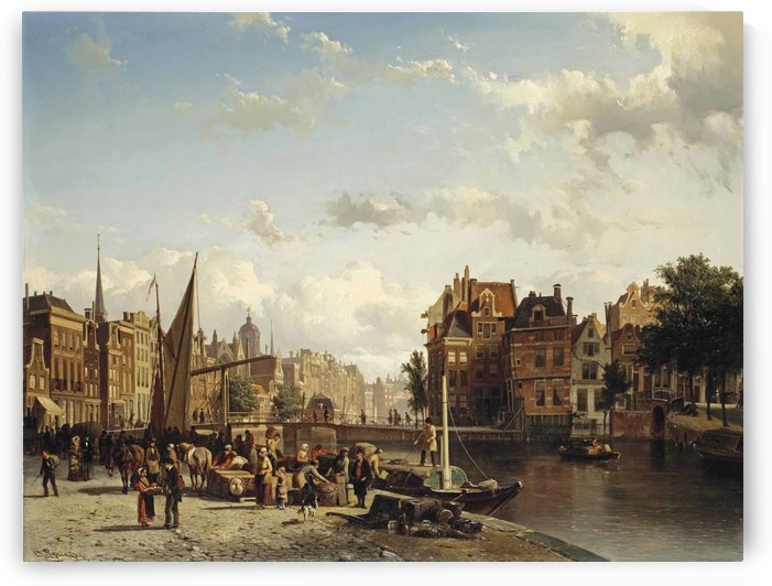 Market along the canal by Cornelis Springer