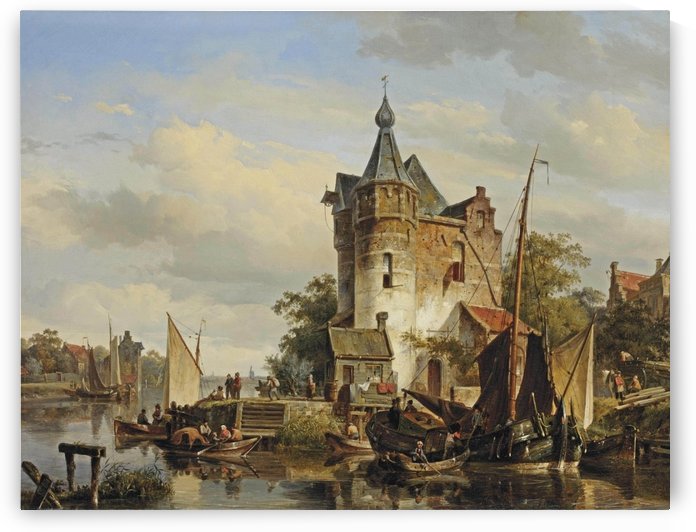 Moored barges at a quay near a keep by Cornelis Springer