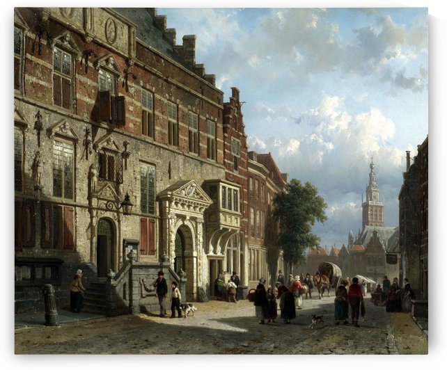 The Town Hall on the Burchtstraat with St Steven's Church by Cornelis Springer