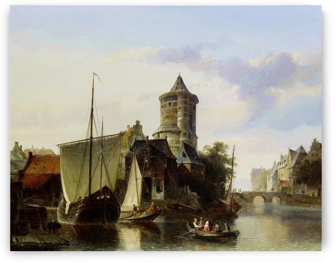 Market day in a Dutch town with numerous figures by Cornelis Springer