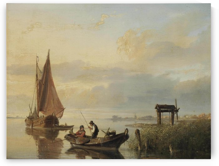 Fishing vessels at sunset by Cornelis Springer