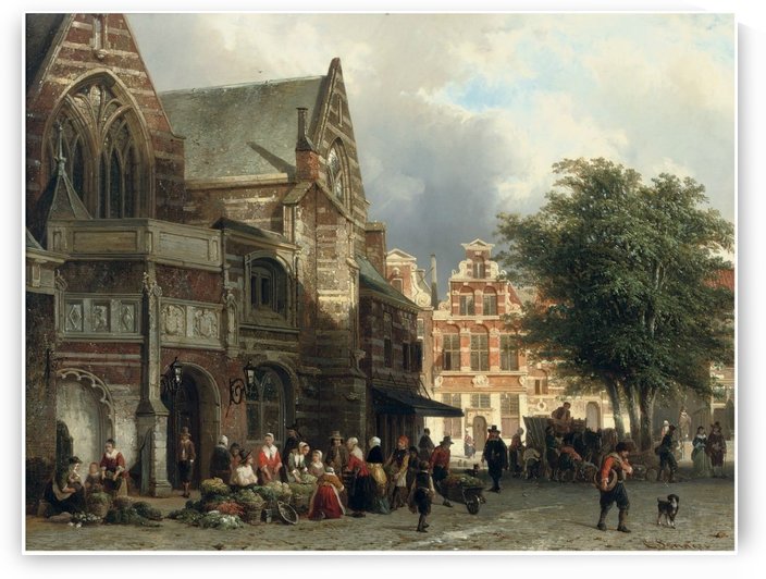 A busy market day in front of the Oude Kerk, Amsterdam by Cornelis Springer