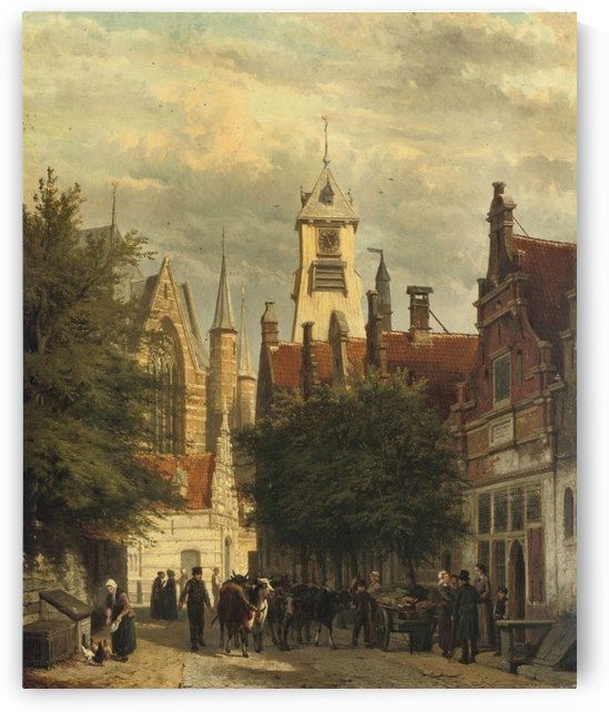 Townspeople and cattle in the Bagijnestraat with the Westerkerk in the background, Enkhuizen by Cornelis Springer