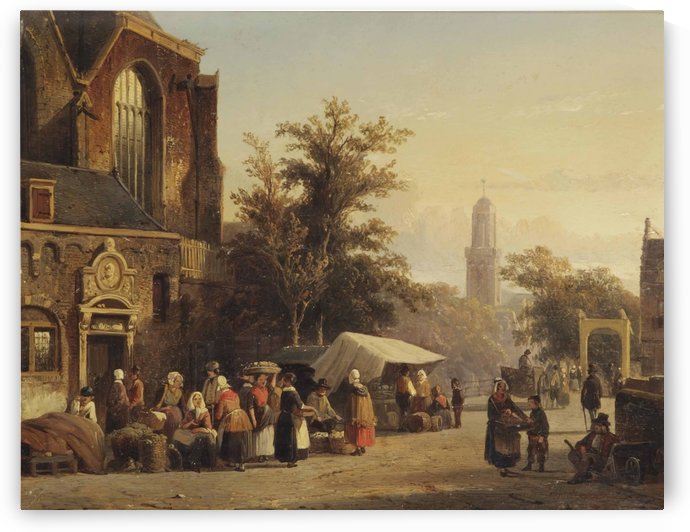 Daily activities at the Markt in Zwolle with the Onze Lieve Vrouwekerk in the distance by Cornelis Springer