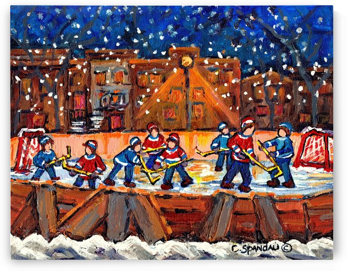 NIGHT HOCKEY MONTREAL NEIGHBORHOOD WINTER SCENE CANADIAN ART CAROLE SPANDAU by Carole  Spandau