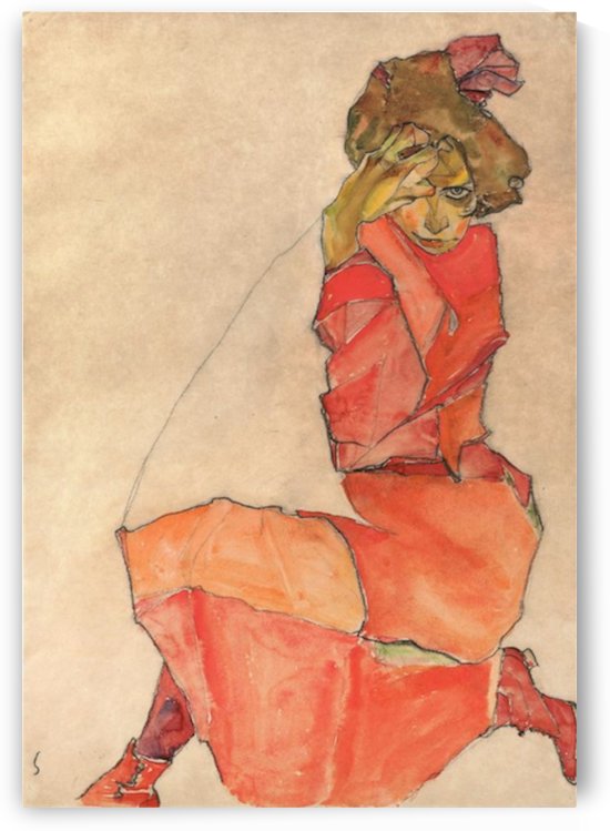 Egon Schiele - Kneeling Woman in Orange-Red Dress by Egon Schiele