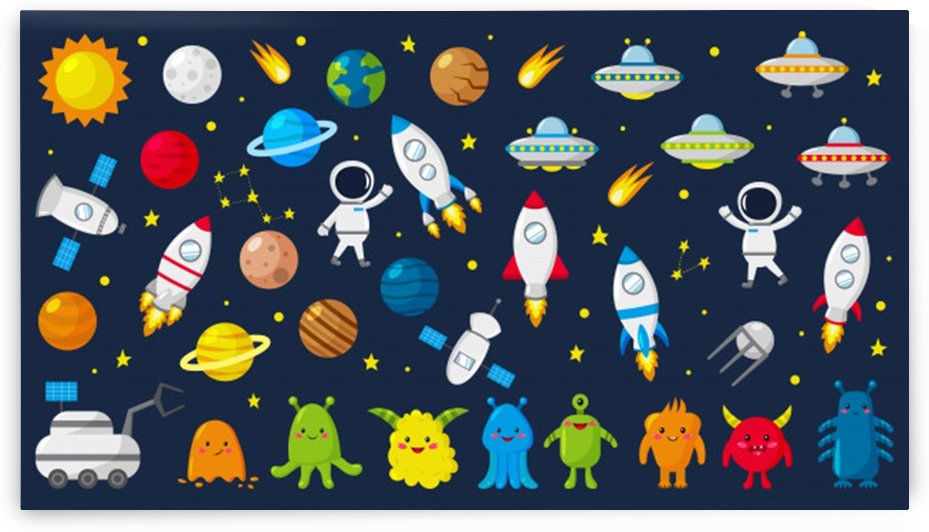 big set cute astronauts space planets stars aliens rockets ufo constellations satellite moon rover vector illustration by Shamudy