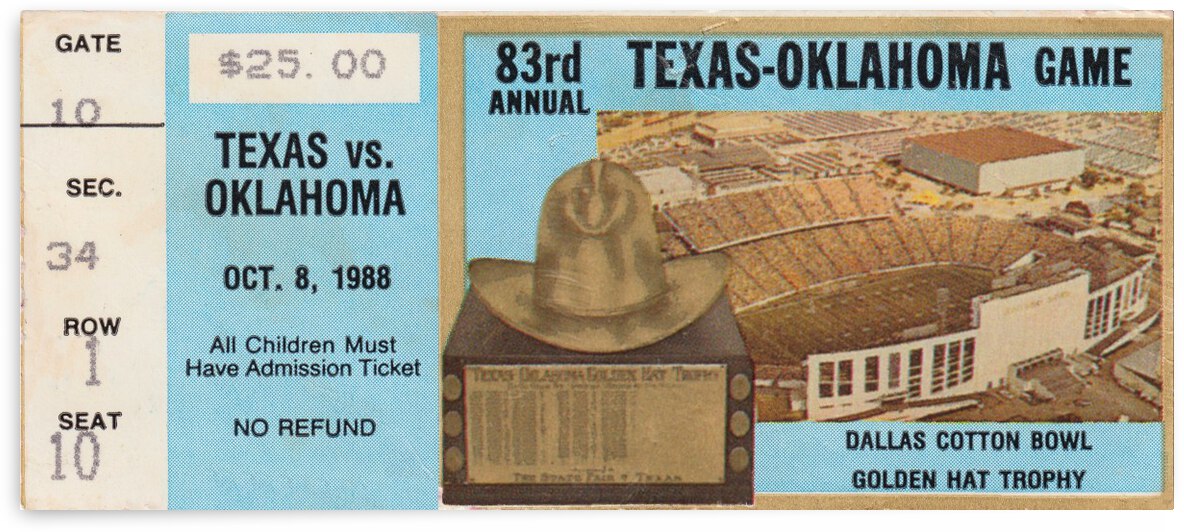 1988 Oklahoma vs. Texas Football Ticket Print | A Classic Red River Rivalry Moment by Row One Brand