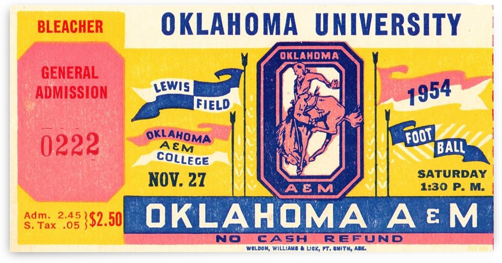1954 Bedlam Rivalry: Oklahoma Sooners vs. Oklahoma A&M Cowboys Vintage Football Ticket Art by Row One Brand