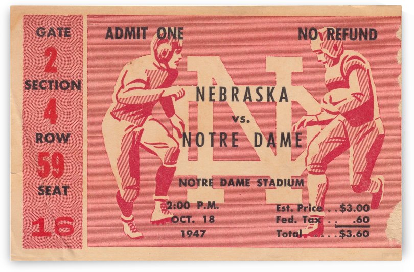 1947 Notre Dame vs. Nebraska Football Ticket Art: Irish National Title Season by Row One Brand