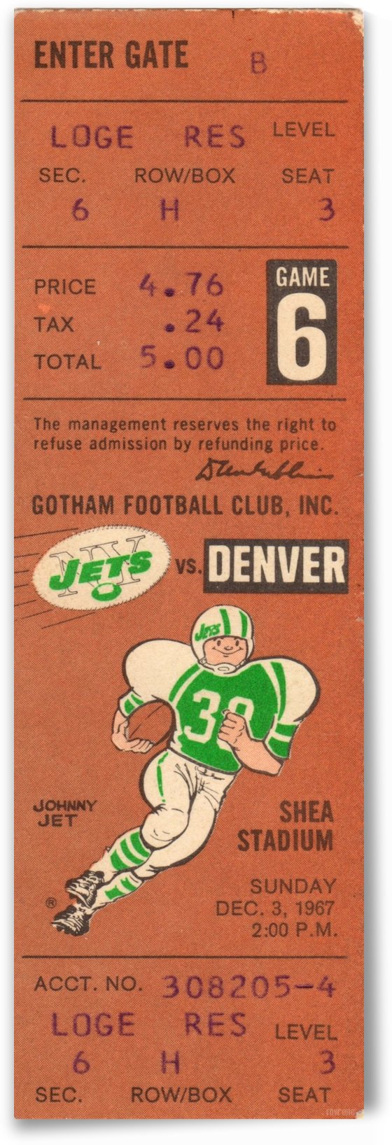 1967 Denver Broncos vs. New York Jets Football Ticket Art by Row One Brand