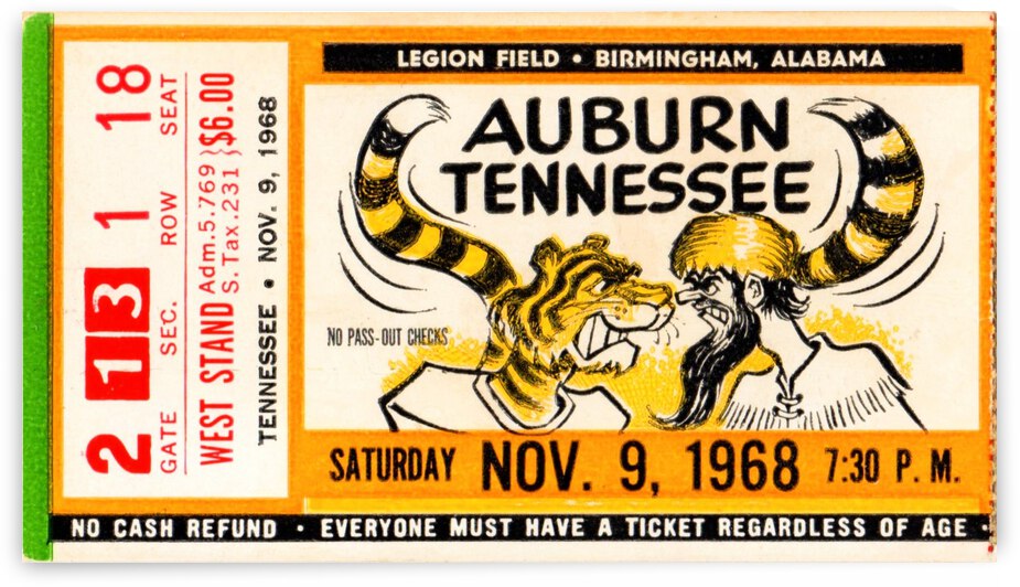 1968 Auburn Tigers vs. Tennessee Vols Football Ticket Art by Row One Brand