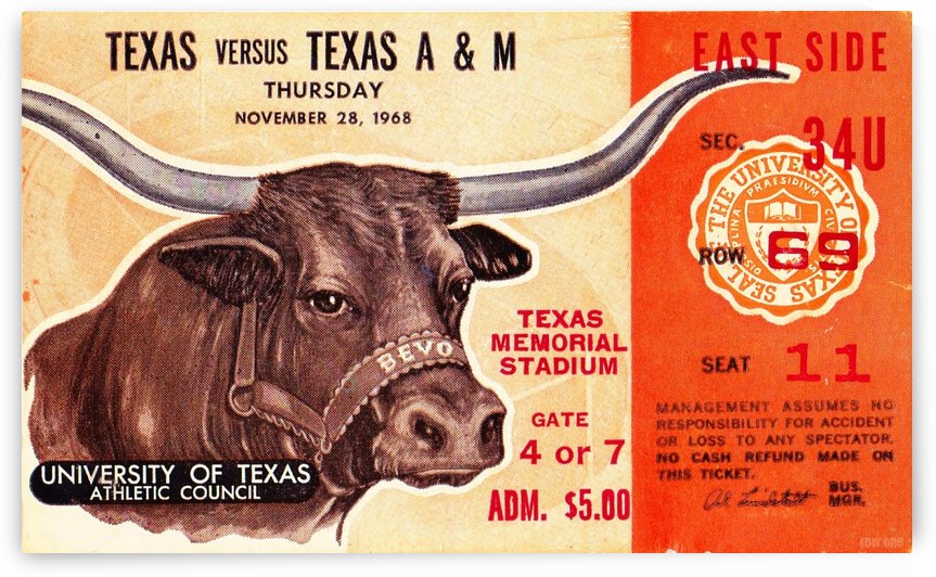 1968 Texas A&M vs. Texas Longhorns Football Ticket Art by Row One Brand