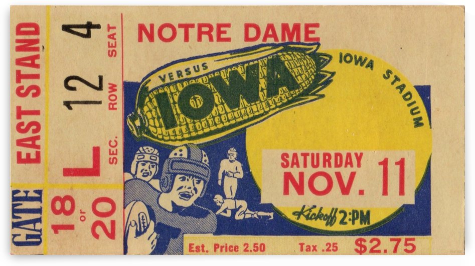 1939 Notre Dame vs. Iowa Football Ticket Stub Art  by Row One Brand