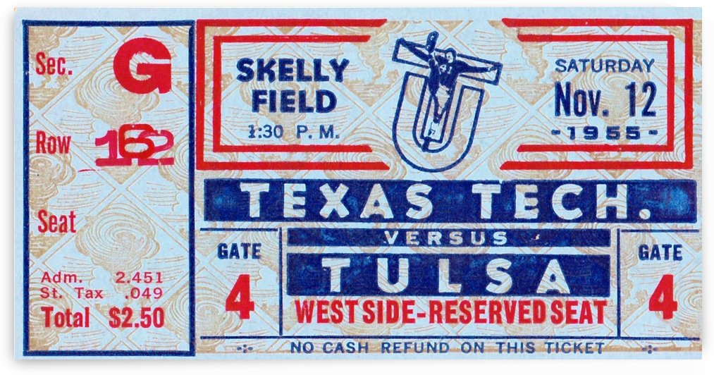 1955 Texas Tech vs. Tulsa Football Ticket Art by Row One Brand